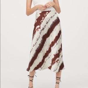 Brown tie dye print silk midi skirt